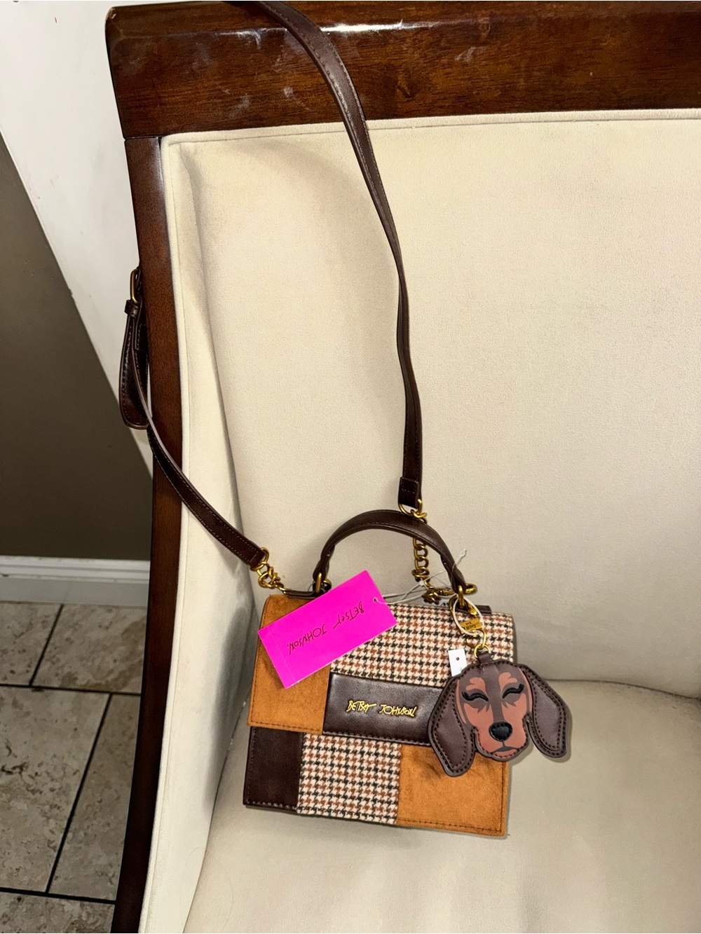 Betsey Johnson Brown & Tan Patchwork Dog Charm Crossbody Satchel